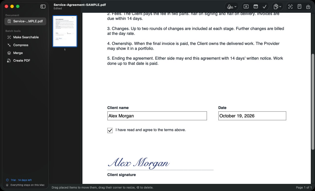 Stillpage showing a filled-in agreement with a typed signature placed on the signature line