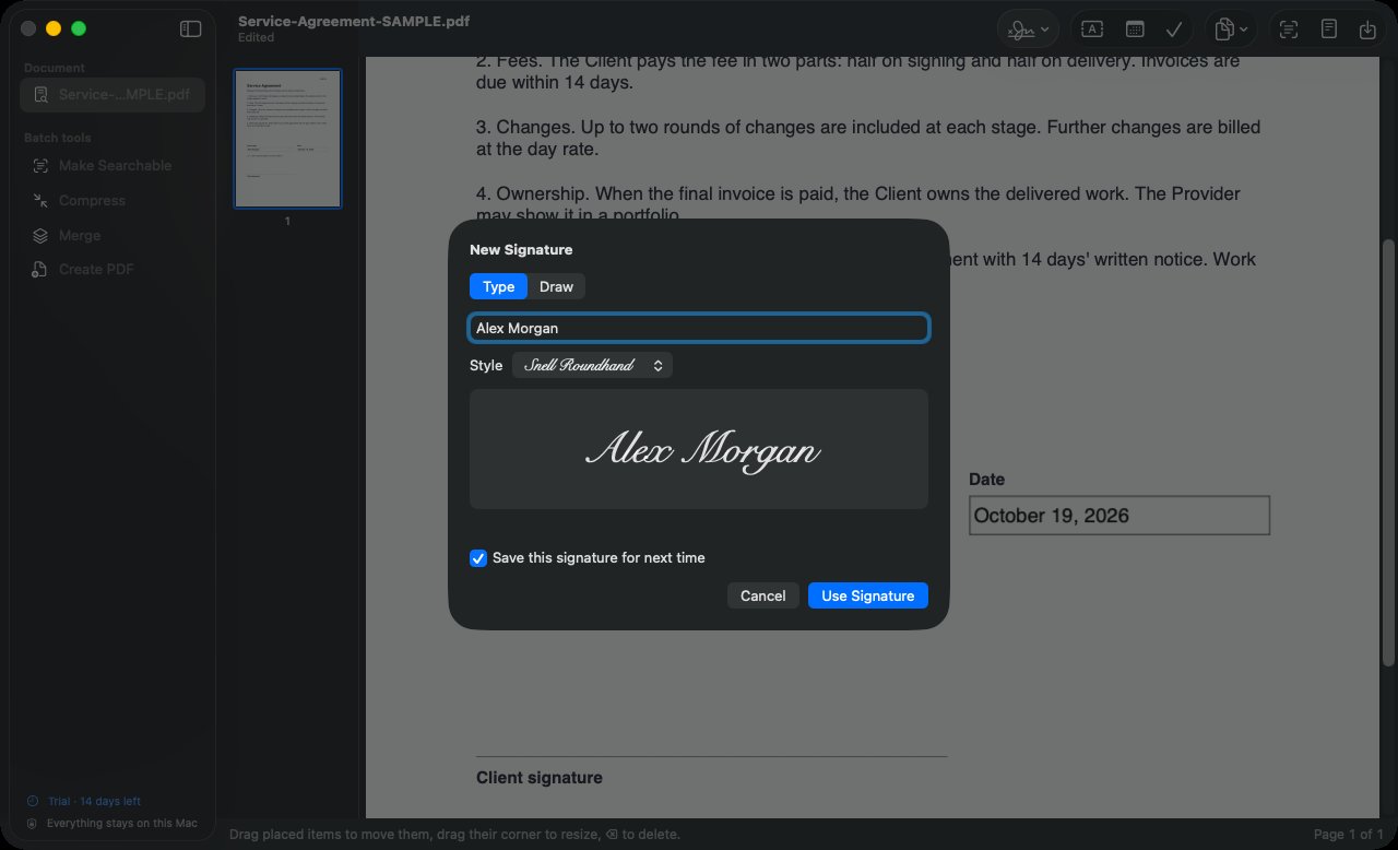 New Signature sheet with a typed name in a handwriting font