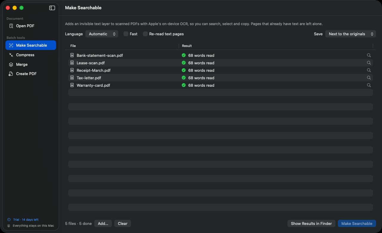 Make Searchable batch window listing five scans, each with words read